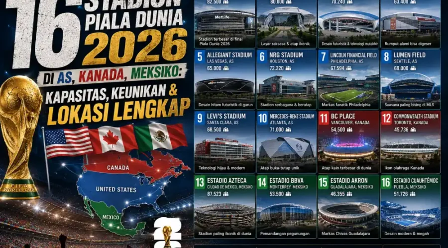Stadion Piala Dunia 2026 di AS, Kanada, Meksiko: Kapasitas & Lokasi Lengkap